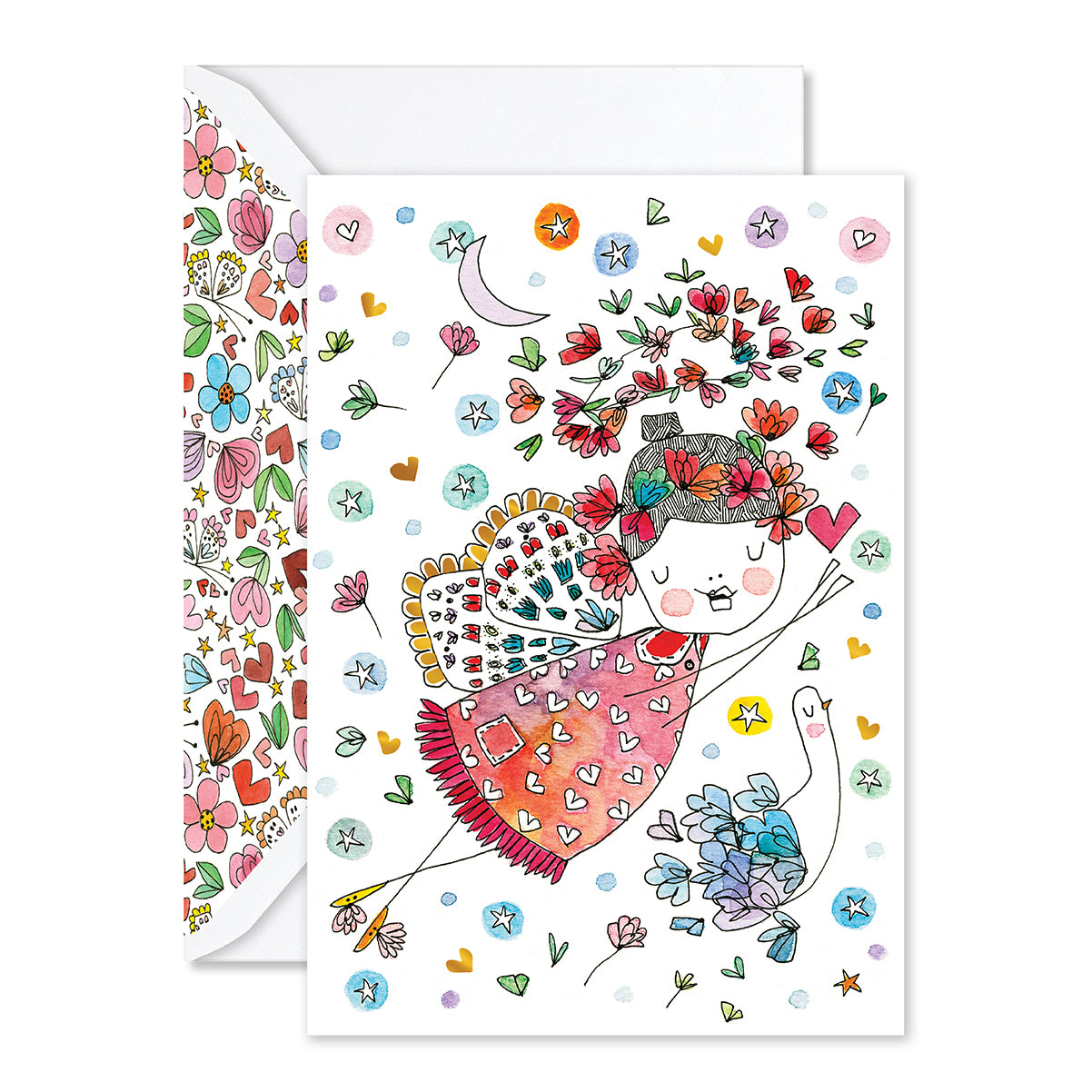 Greeting card with a colorful illustration of a girl with flowers in her hair and a matching envelope on a white background.