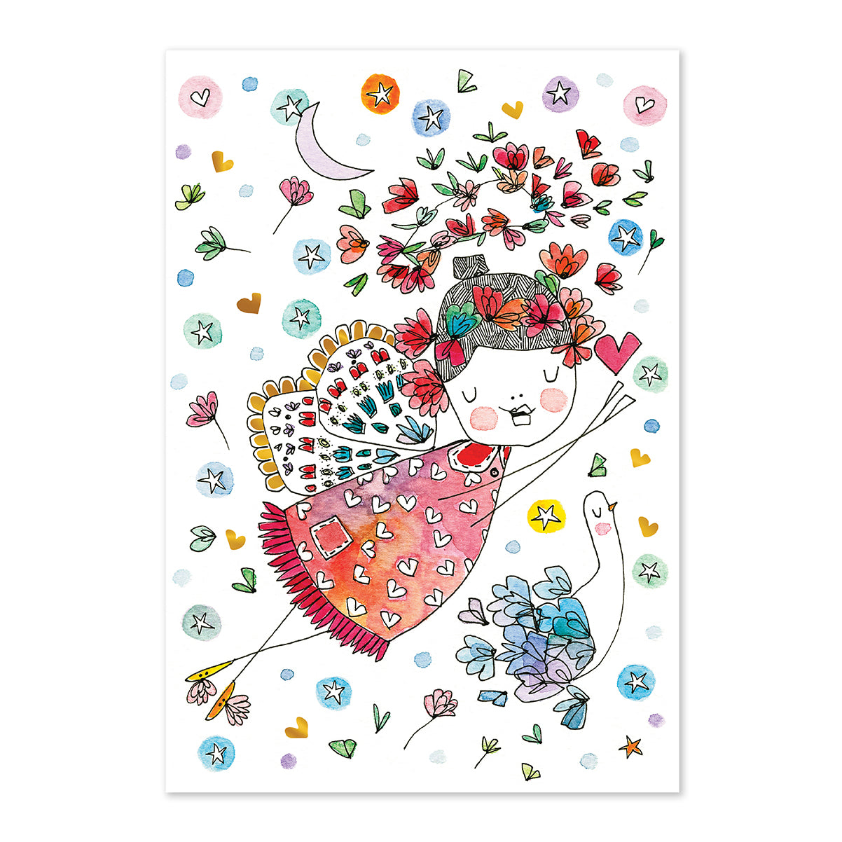 Colorful illustration of a girl with flowers and a heart on a white background