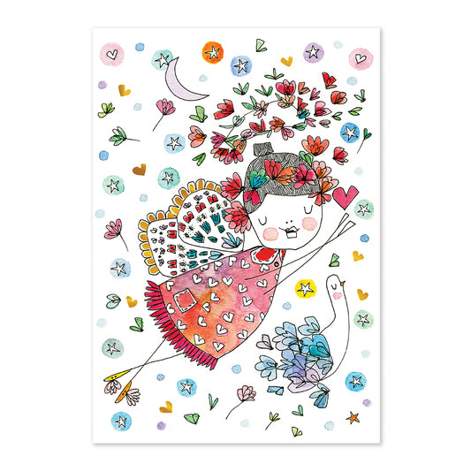 Colorful illustration of a girl with flowers and a heart on a white background
