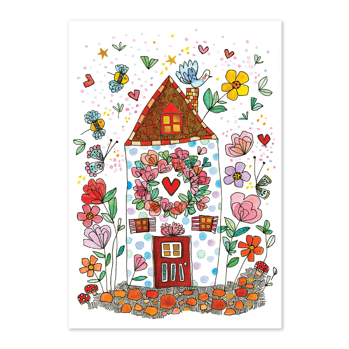 Colorful illustration of a house with flowers and butterflies on a white background