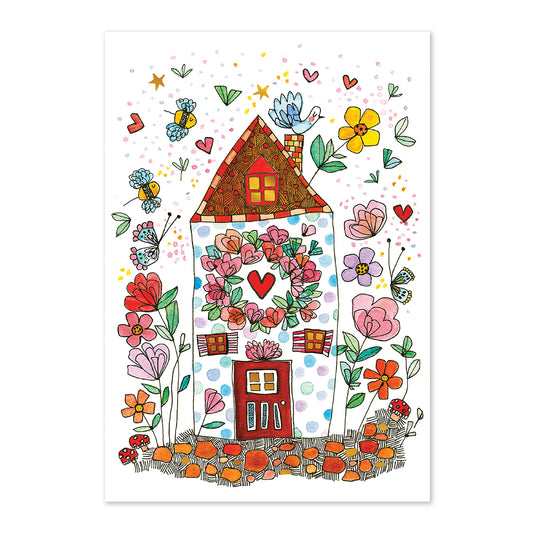 Colorful illustration of a house with flowers and butterflies on a white background