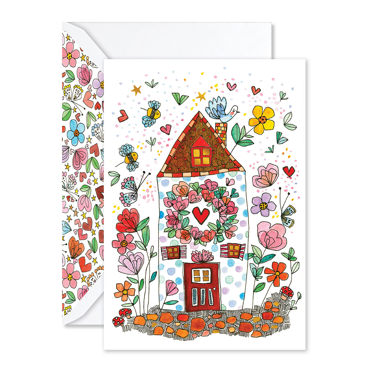 Greeting card with a colorful illustration of a house and flowers on a white background