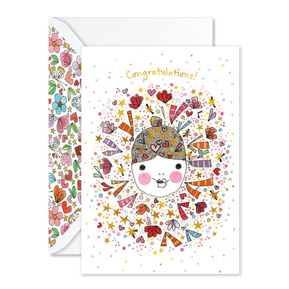 Greeting card with colorful illustration of a face and 'Congratulations!' text, featuring a matching envelope.