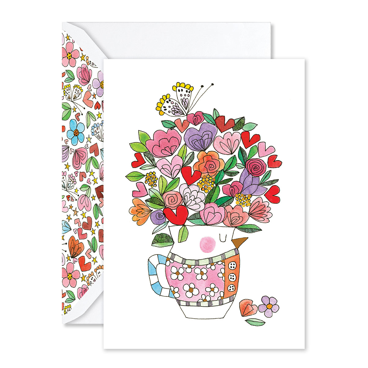 Greeting card with a colorful illustration of flowers in a teacup on a white background