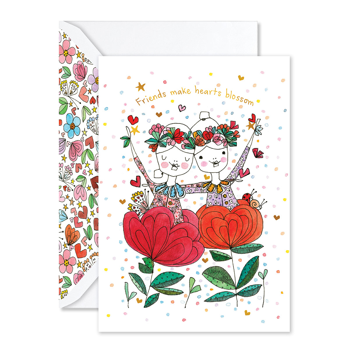 Greeting card with two people holding hearts and flowers, surrounded by colorful text and patterns.