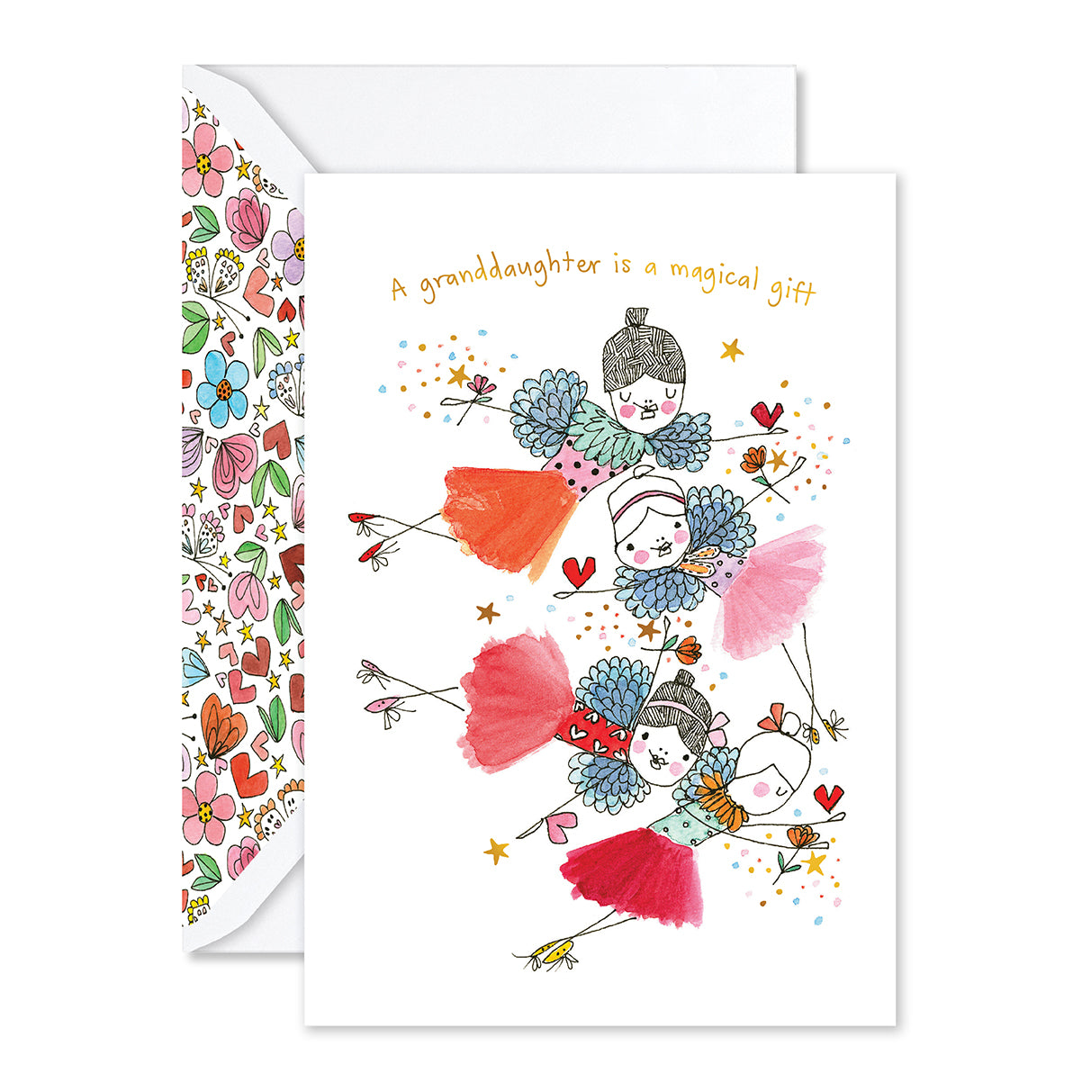 Greeting card with illustration of a granddaughter and decorative envelope.