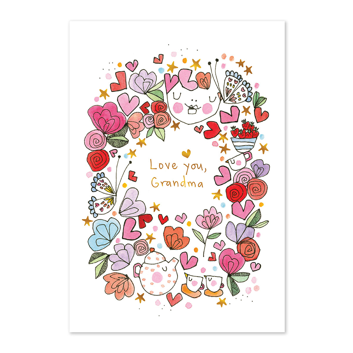 Illustration with flowers and text 'Love you, Grandma' on a white background