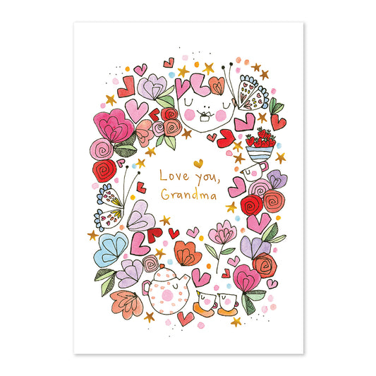 Illustration with flowers and text 'Love you, Grandma' on a white background