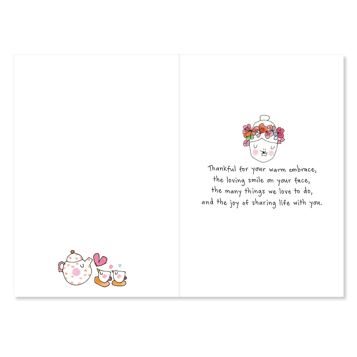 Card with cartoon teapot and cups on one side and floral design and text on the other, on a white background.