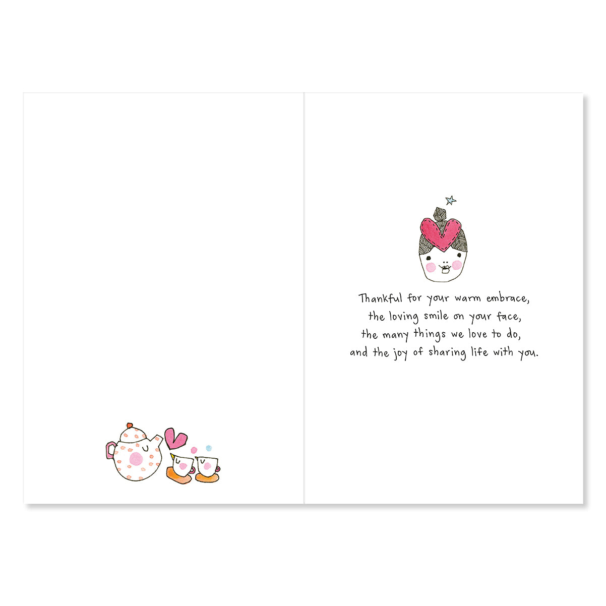 Greeting card with illustrations of a teacup and hearts, and text on a white background