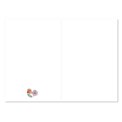 White card with a small illustration of flowers on a white background