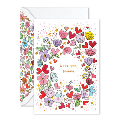 Greeting card with colorful floral and heart designs and 'Love you, Nanna' text.