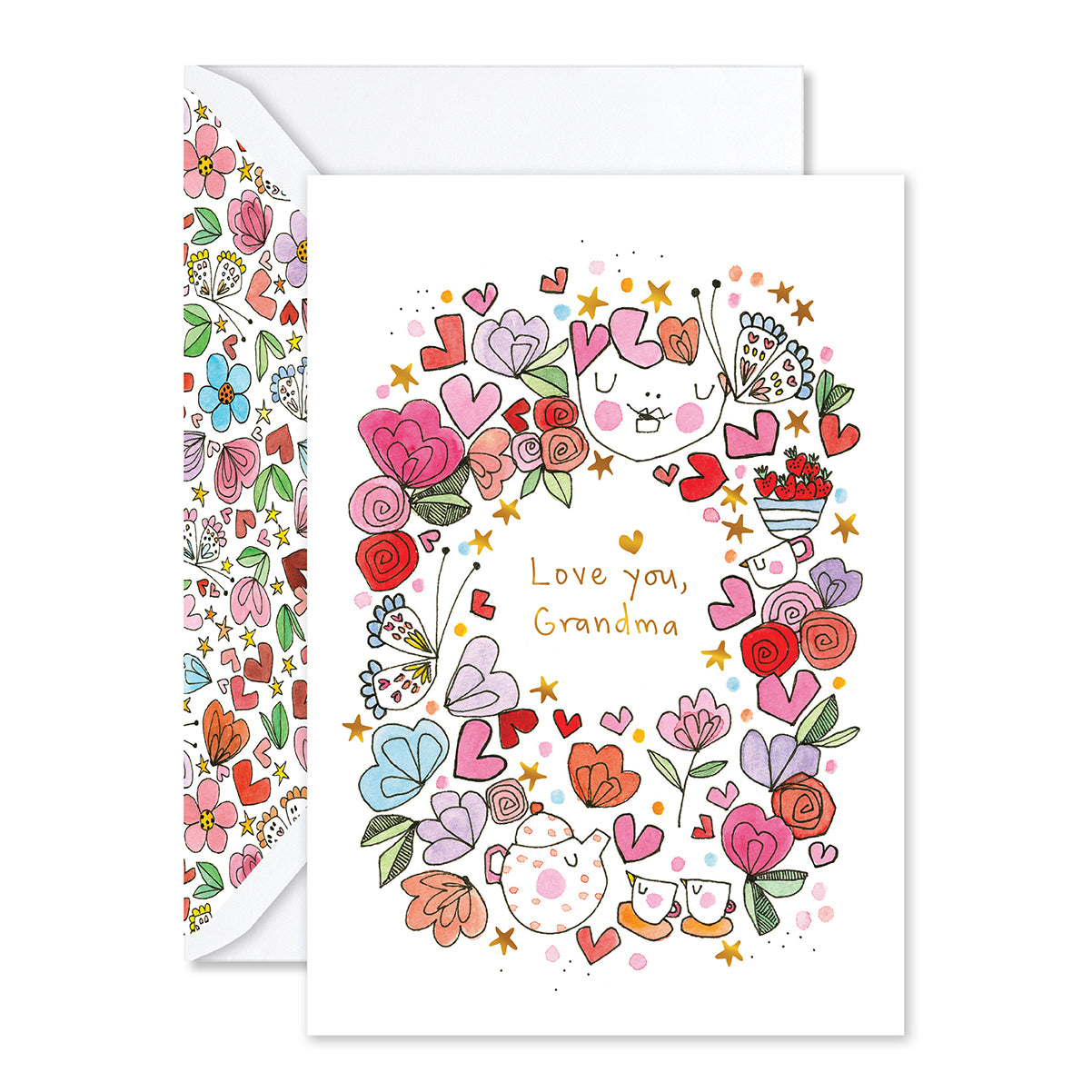 Greeting card with colorful floral design and 'Love you, Grandma' text on a white background.