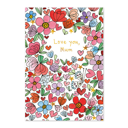 Greeting card with colorful floral design and 'Love you, Mum' text on a white background