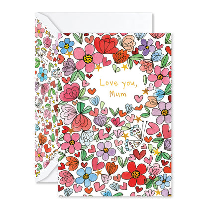 Greeting card with colorful floral design and 'Love you, Mum' text on a white background