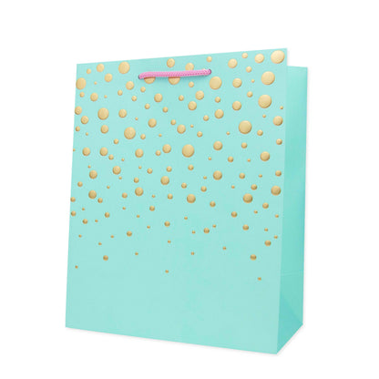 Hallmark Medium Gift Bag - Gold Bubbles in aqua with gold foil dots, featuring pink cord handles, front view.