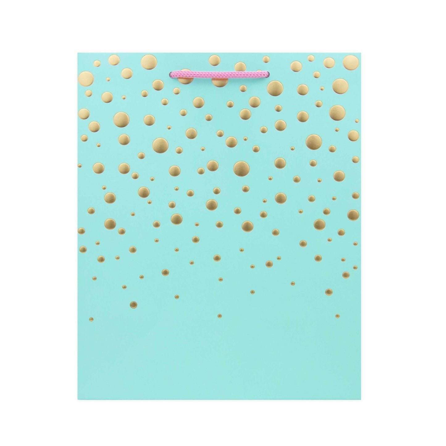 Hallmark Medium Gift Bag - Gold Bubbles in aqua, adorned with gold embossed dots and pink cord handles, flat view.