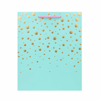 Hallmark Medium Gift Bag - Gold Bubbles in aqua, adorned with gold embossed dots and pink cord handles, flat view.