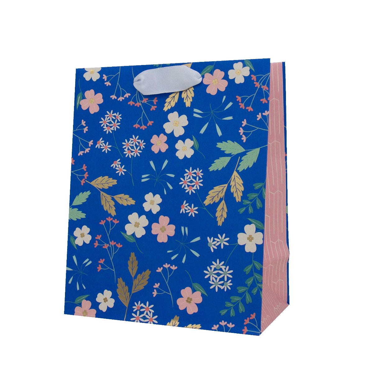Hallmark Medium Gift Bag - Sky Blue Floral in a floral design with gold foil elements, featuring a white ribbon handle. Side view.