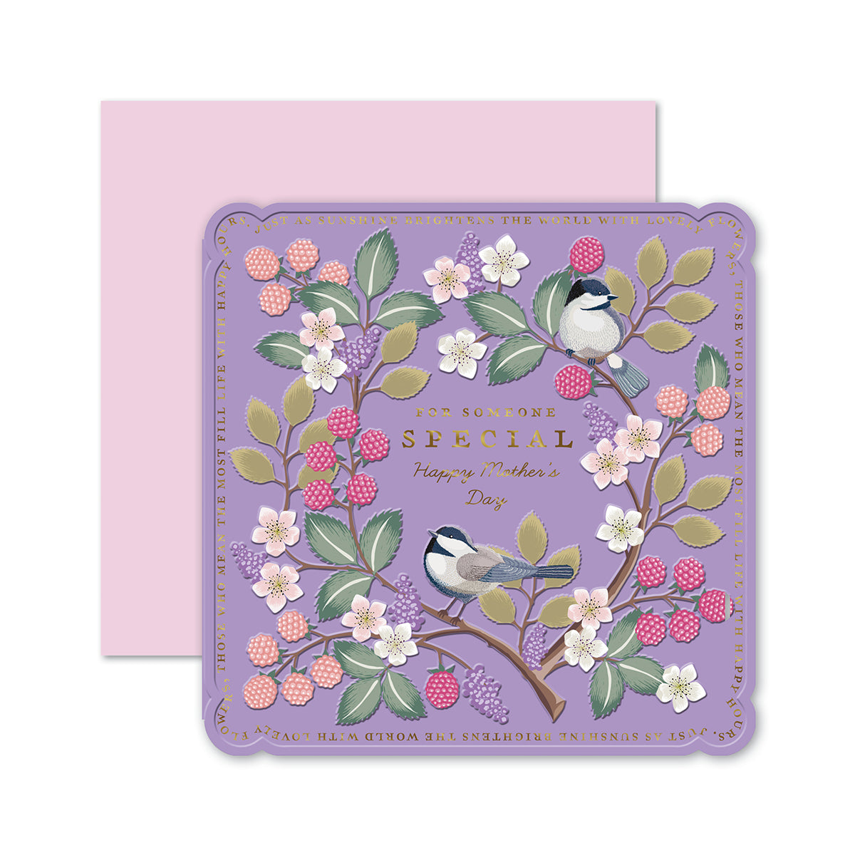 Hallmark Mother's Day Card - For someone special with embossed floral design and birds on a purple background, featuring a pink envelope.