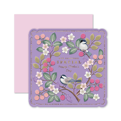 Hallmark Mother's Day Card - For someone special with embossed floral design and birds on a purple background, featuring a pink envelope.