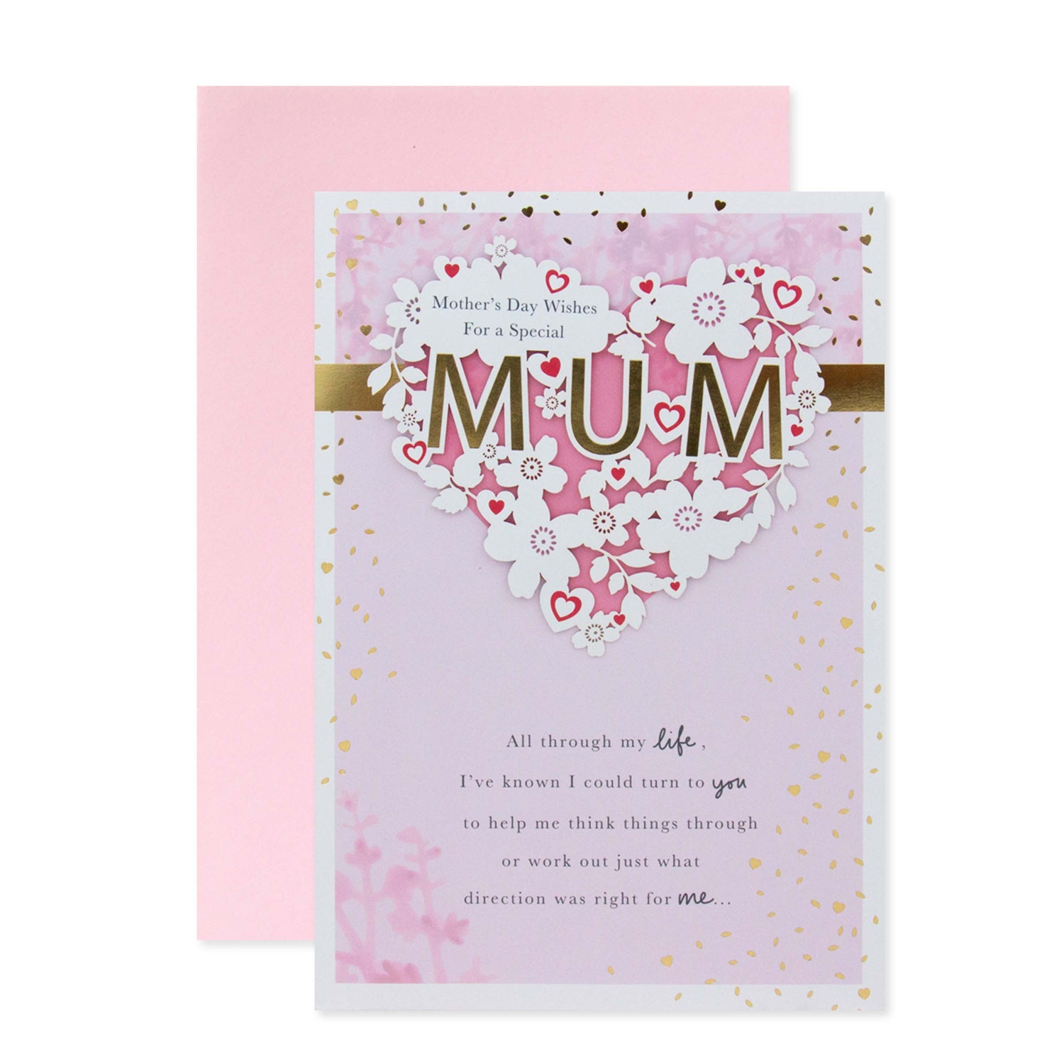 Hallmark Mother's Day Card - Mother's Day Wishes with laser cut floral heart and gold foil details, displayed with pink envelope