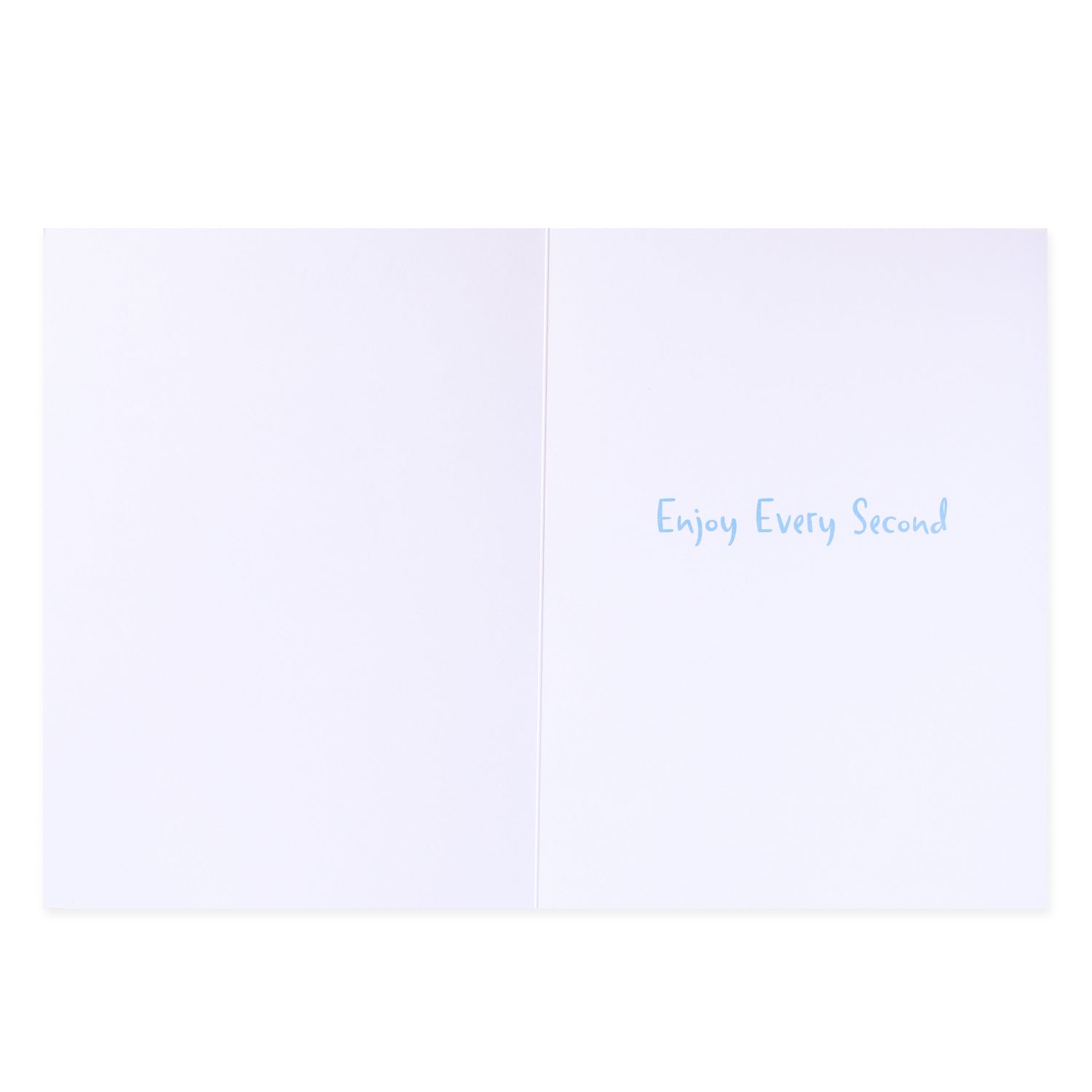 Hallmark Colossal New Baby Congratulations Greeting Card - Rainbow & Spots, inside view with blue text saying 'Enjoy Every Second' on white background.