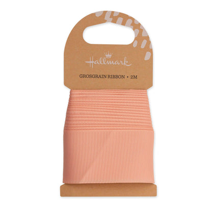 Hallmark Peach Grosgrain Ribbon - 2m on kraft card packaging, showcasing textured finish and pastel peach colour.