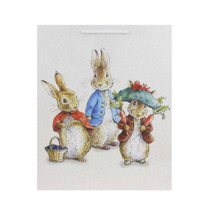 Hallmark Peter Rabbit™ large gift bag featuring Peter Rabbit characters in colourful clothing with accessories, flat lay photographic style.