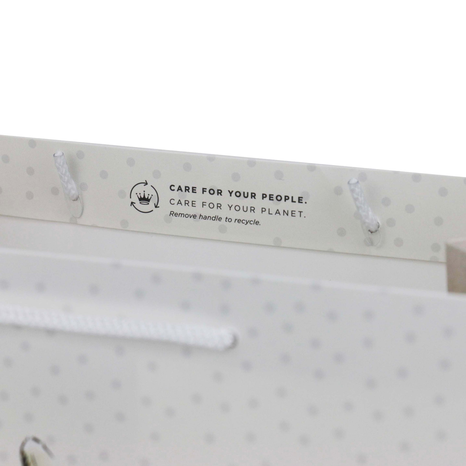 Hallmark Peter Rabbit™ large gift bag handles with recycling message and white cord detailing, top angle view.
