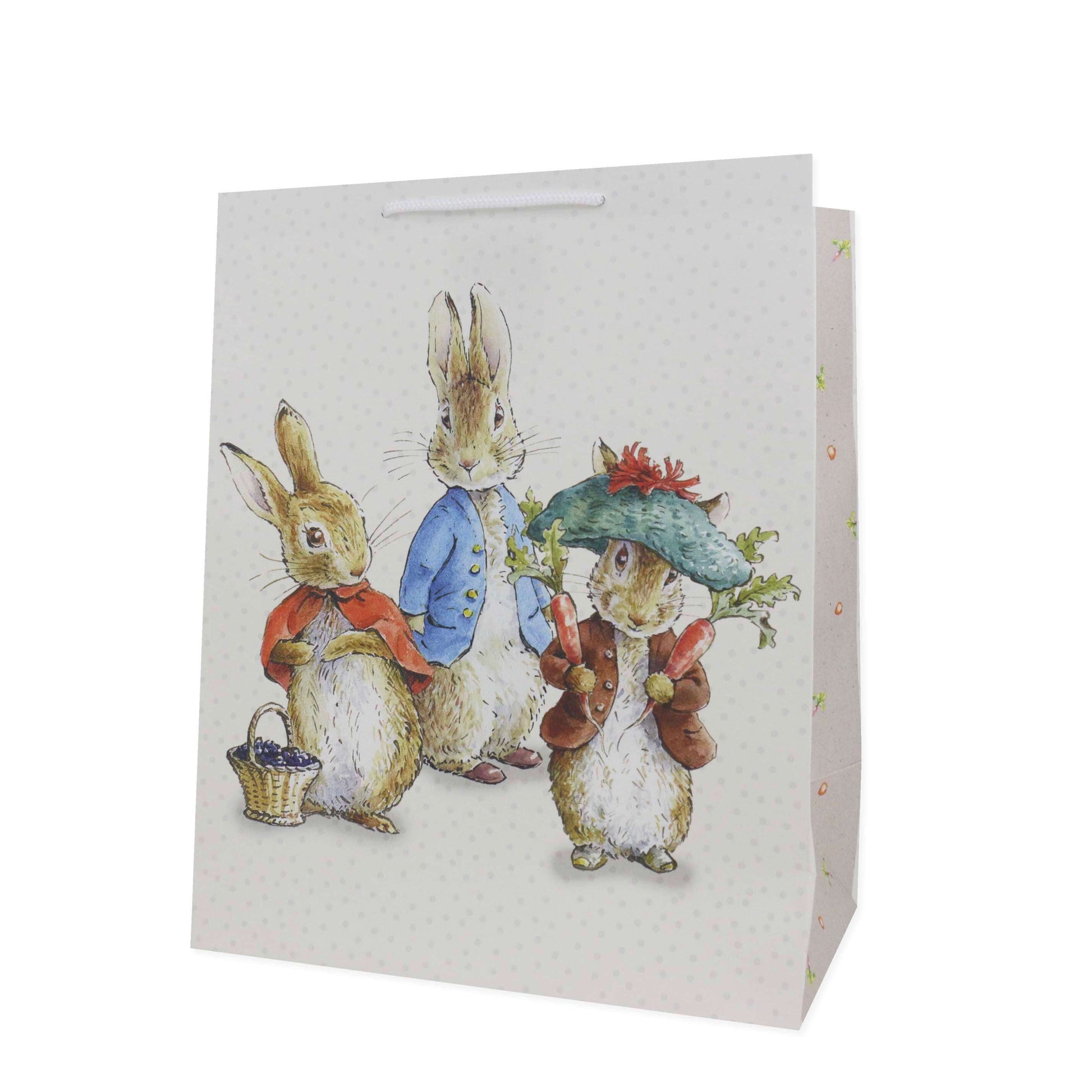 Hallmark Peter Rabbit™ large gift bag featuring charming illustrations of Peter Rabbit and friends in vibrant attire, front view.