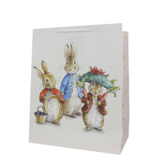 Hallmark Peter Rabbit™ large gift bag featuring charming illustrations of Peter Rabbit and friends in vibrant attire, front view.