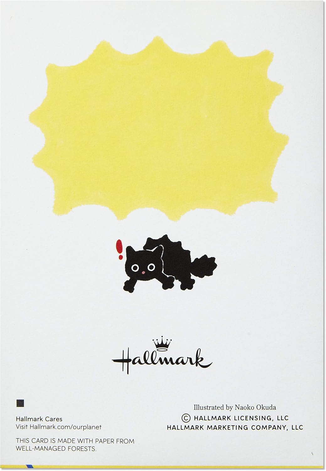 Hallmark Pop Up Birthday Card (Surprised Cat) illustrated back with a surprised cat and yellow background design.