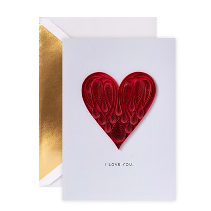 Hallmark Signature Greeting Card - I Love You featuring a 3D red quilled heart and gold foil accents.