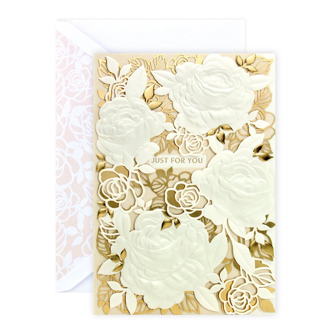 Hallmark Signature Greeting Card - Just For You, detailed rose illustrations with gold foil accents, flat lay view