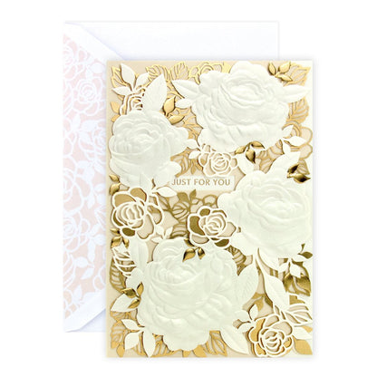 Hallmark Signature Greeting Card - Just For You, detailed rose illustrations with gold foil accents, flat lay view