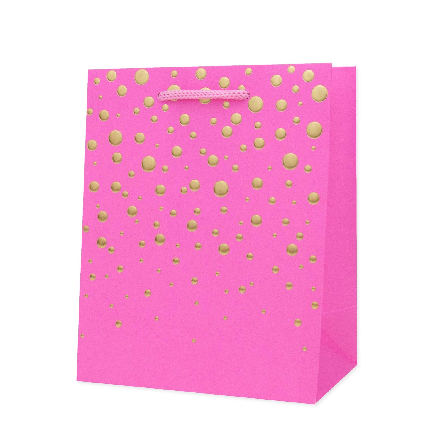 Hallmark Small Gift Bag - Gold Bubbles in bright pink with gold foil dots and pink cord handles, flat view.