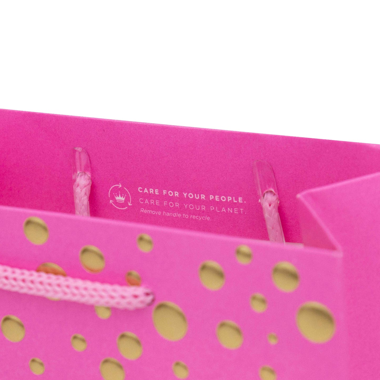 Hallmark Small Gift Bag - Gold Bubbles with gold foil dots, showing inside with pink cord handles and recycling message.