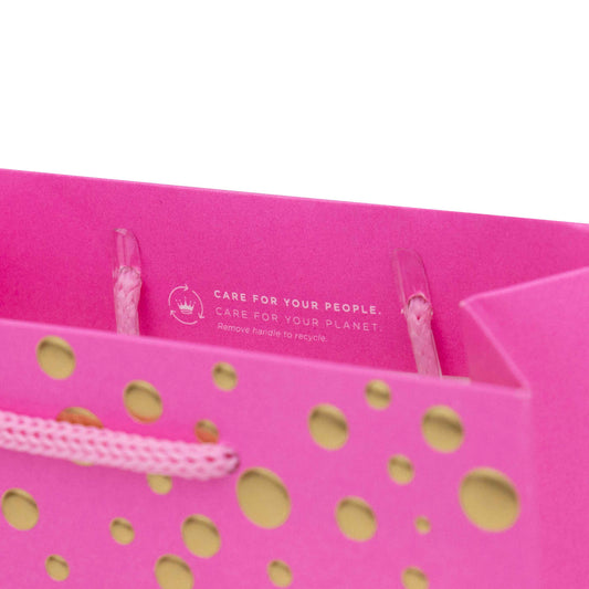 Hallmark Small Gift Bag - Gold Bubbles with gold foil dots, showing inside with pink cord handles and recycling message.
