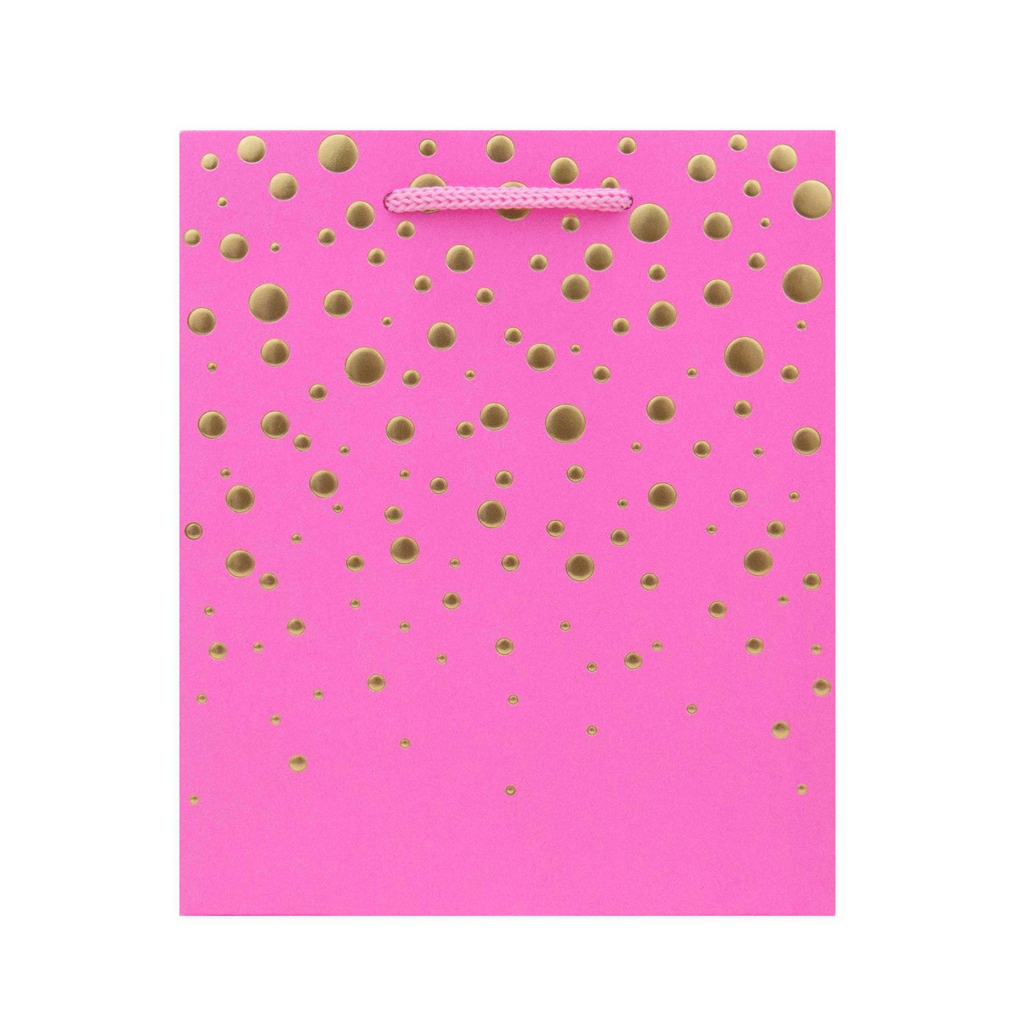 Hallmark Small Gift Bag - Gold Bubbles in bright pink with gold embossed dots and pink cord handles, flat lay view.