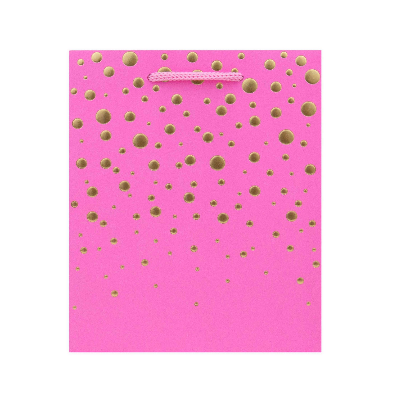 Hallmark Small Gift Bag - Gold Bubbles in bright pink with gold embossed dots and pink cord handles, flat lay view.