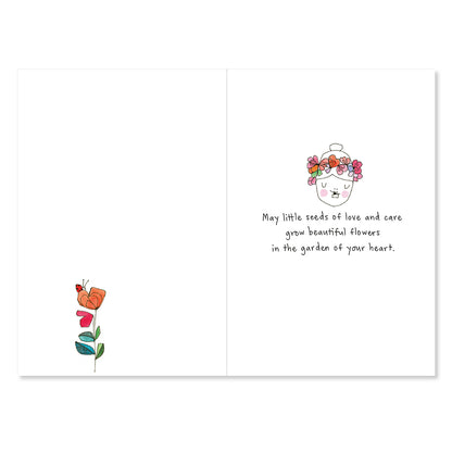 Greeting card with a flower illustration and text on a white background