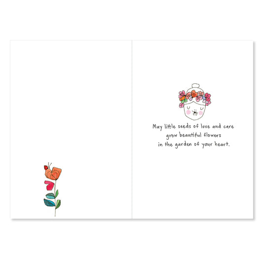 Greeting card with a flower illustration and text on a white background