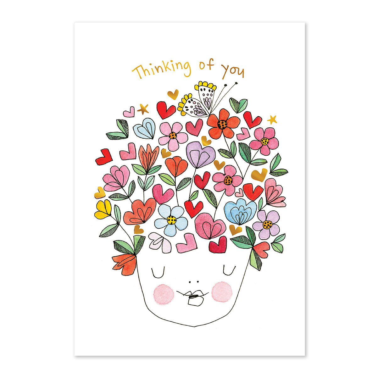 Illustration of a face with colorful flowers and hearts on a white background