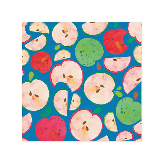 Hallmark x Kasey Rainbow Gallery Blank Greeting Card - An Apple A Day featuring colourful apple illustrations on a blue background in vibrant tones.