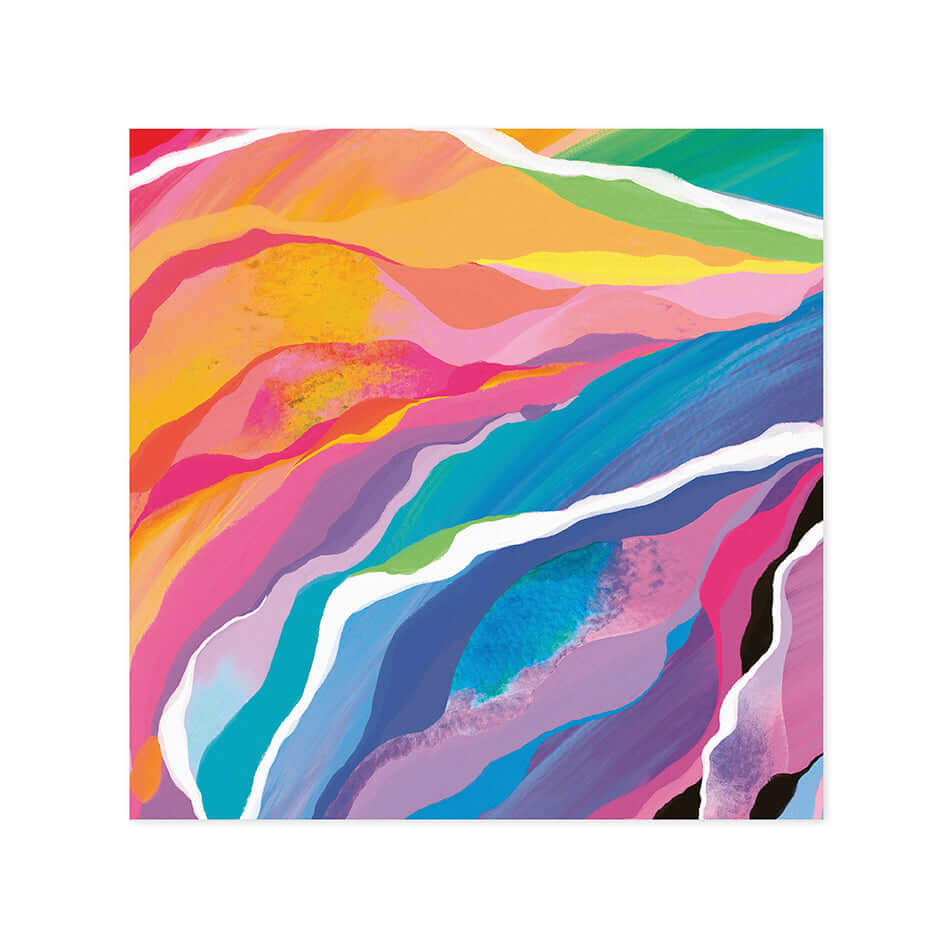 Hallmark x Kasey Rainbow Gallery Blank Greeting Card - Live Bright features colourful abstract wave patterns in pink, yellow, and blue.