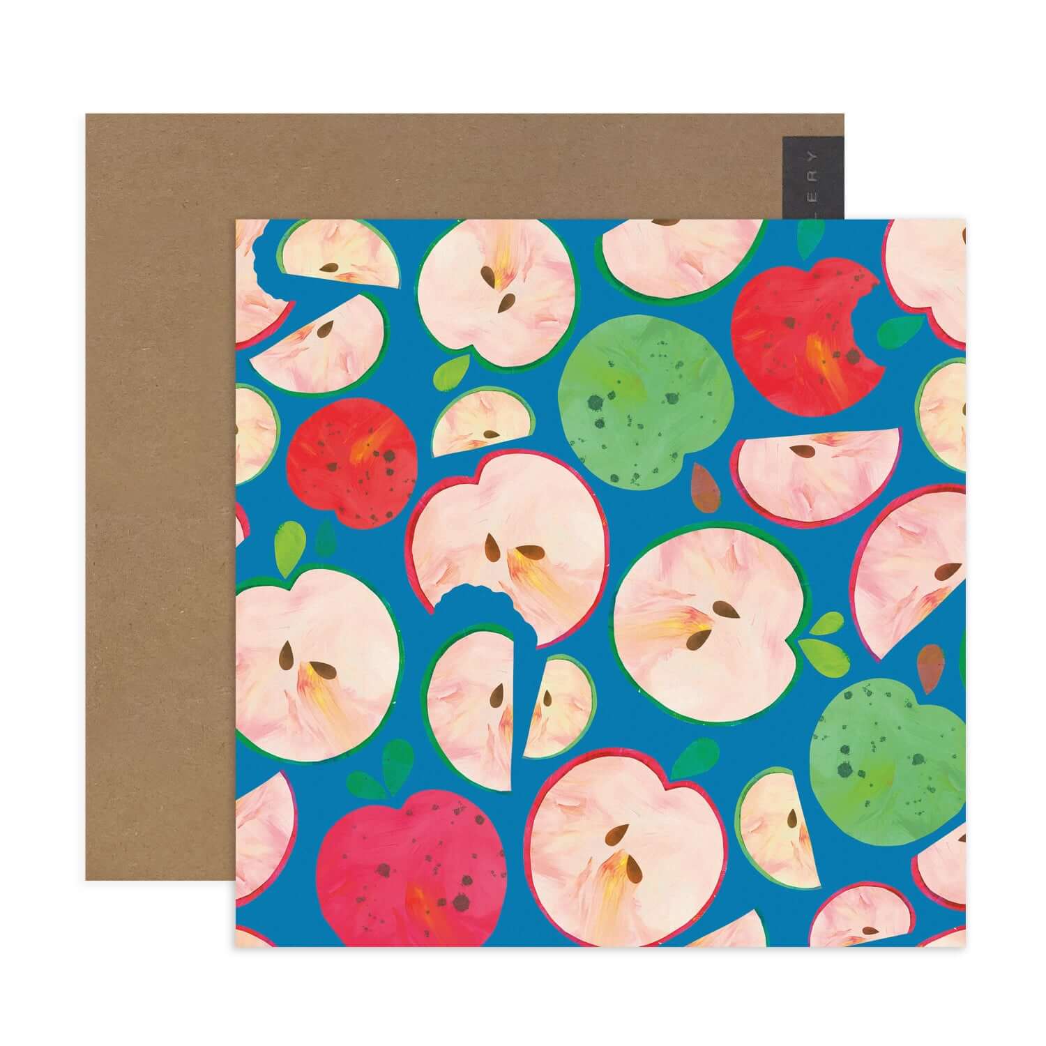 Hallmark x Kasey Rainbow Gallery Blank Greeting Card - An Apple A Day with vibrant apple illustrations on a blue background, featuring a kraft envelope.