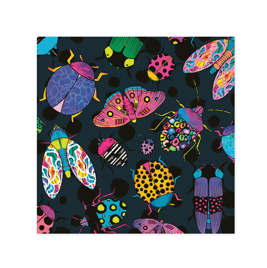 Hallmark x Kasey Rainbow Gallery Blank Greeting Card - Totally Buggin' featuring colourful illustrated bugs on a dark background.