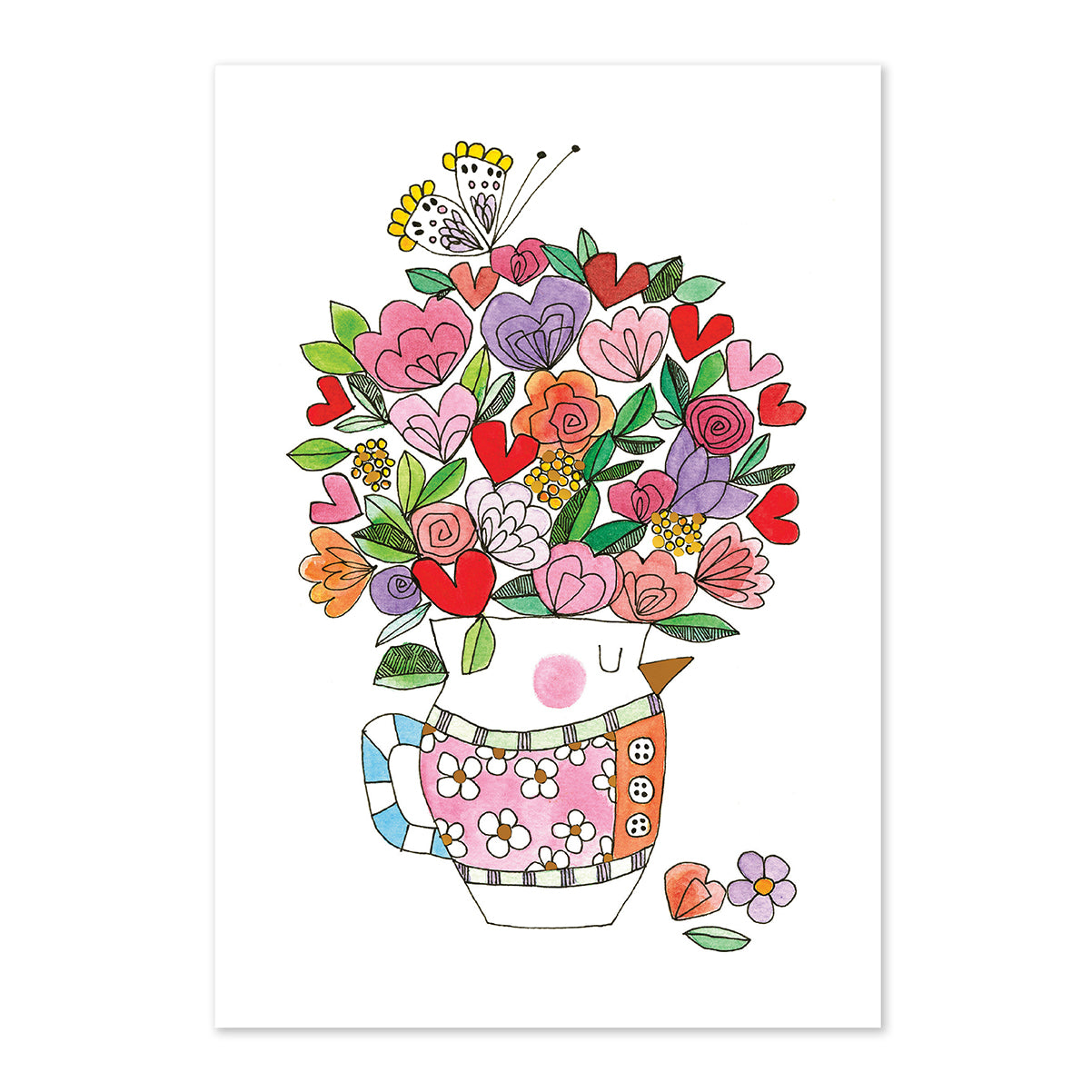 Colorful illustration of a teapot with flowers and hearts on a white background
