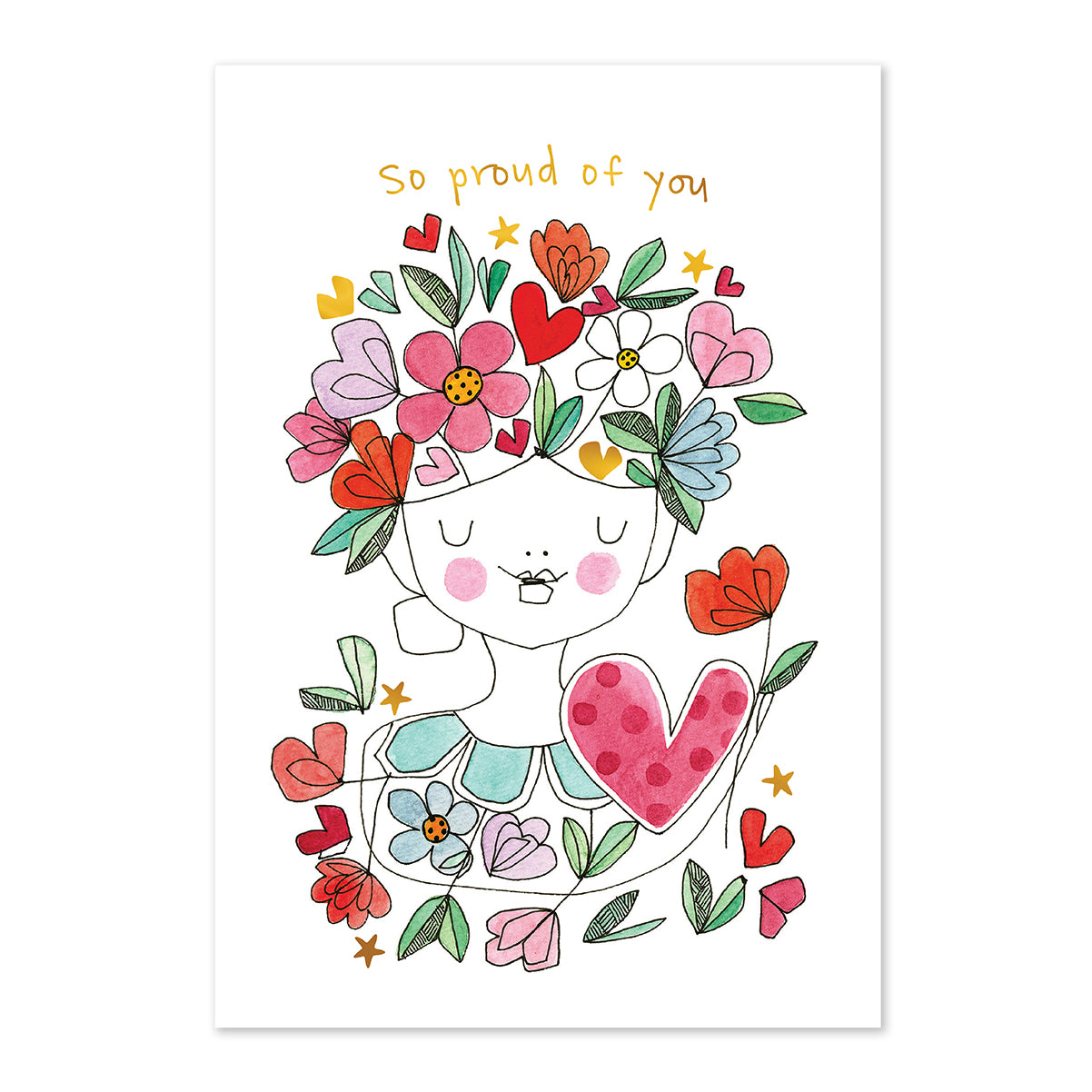 Illustration of a child with flowers and a heart, with text 'So proud of you' on a white background.